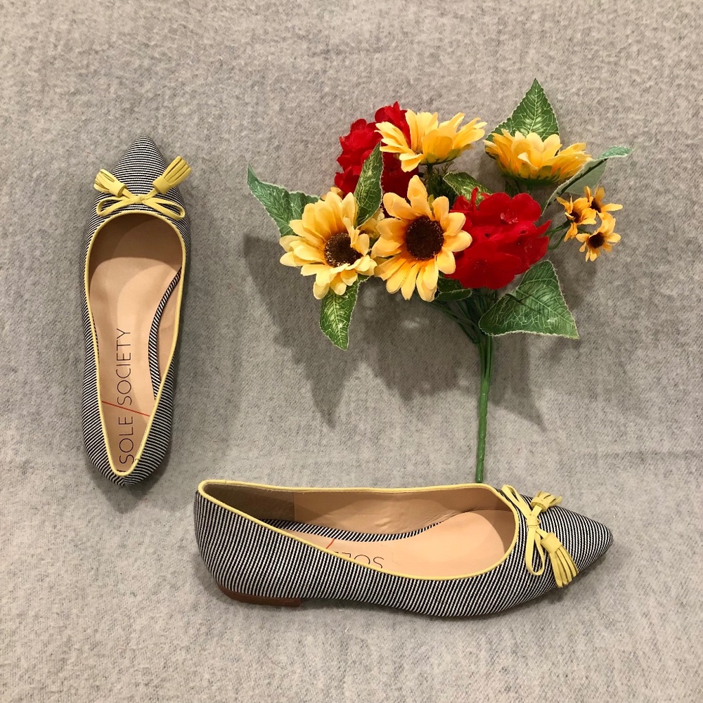 NWOT - Sole Society Navy & White Fine Stripe Flats with Yellow Tassels